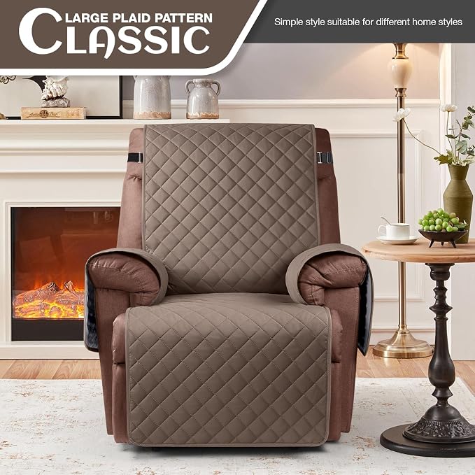 KinCam 100% Waterproof Recliner Chair Covers Washable, 28", Brown | Anti Slip Reclining Couch Covers for Pets Dog, Recliner Sofa Slipcover Storage Pocket, Furniture Protector with Elastic Strap - Image 2