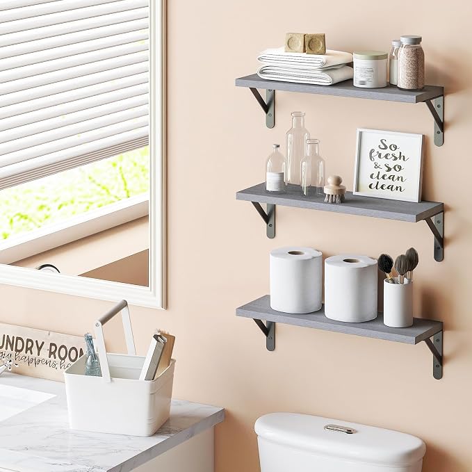 YGEOMER 16.5in Floating Shelves for Wall Home Decor, Wood, Grey, Set of 6 | Rustic wood shelves with metal brackets. Space-saving for books & decor. Works in bathroom, kitchen, living room & bedroom. - Image 6