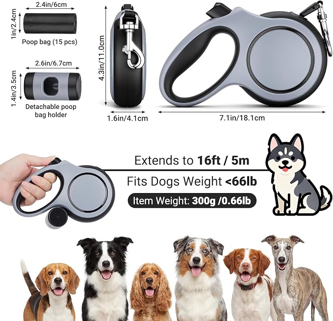 Segarty 16 Ft Retractable Leash with Waste Bag Dispenser, 5m Dog Leash with Anti-Slip Handle 360°Tangle-Free Retraction for Pet up to 66 Lbs, Durable Walking Accessory with One-Handed Brake Pause Lock - Image 2