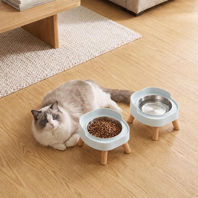 Elevated Cat Bowls, 2P Raised Cat Food and Water Bowl Set for Indoor Cats, Splash Proof with 2 Stainless Steel Pet Food Bowls for Cats ＆ Puppies, Whisker Friendly and Dishwasher Safe - Blue - Image 8