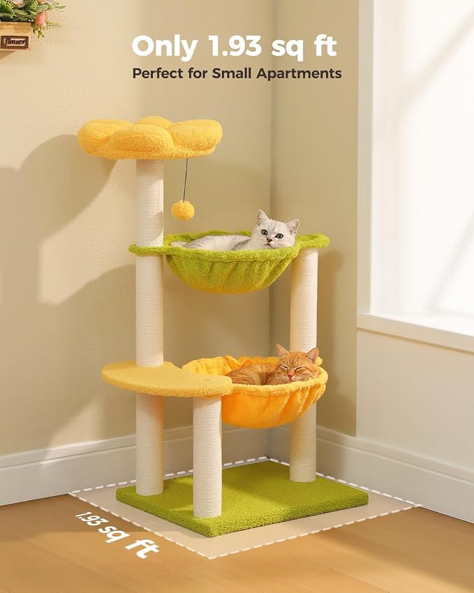 37.4" Flower Cat Tree with 2 Hammocks & 6 Sisal Posts, Yellow | Flower top perch, 2 spacious hammocks, 6 sisal posts, Cute small tower, For indoor kittens, Sturdy build - Image 6