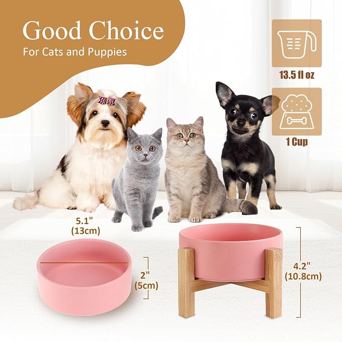 Elevated Ceramic Cat Bowl - Cat Food Bowl with Bamboo Stand - Raised Dog Dish for Puppies - Anti Vomiting, Stress Free - 13.5 oz / 400 ml - Pink - Image 2