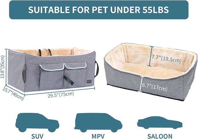 Petsfit Dog Car Seat for Large Dogs, Pet Travel Dog Booster Seat with 2 Safety Belt, Washable Double-Sided Cushion and Storage Pocket for Medium Dogs (Large, Light Grey) - Image 3