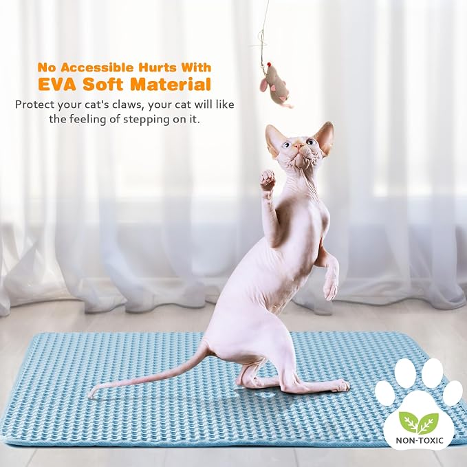 Cat Litter Mat 27"x46",Double Layer EVA litterbox Mat, Blue | Waterproof honeycomb large grid, urine-proof and odor-free. Traps litter, easy cleanup,Washable, non-slip backing - Image 6