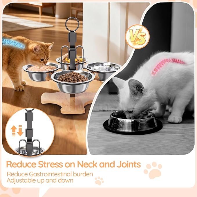 Adjustable Elevated Cat Bowls with Stand, Raised Food & Water Bowl Set | 3 Height Adjustable 4 Stainless Steel Bowls Pet Dishes for Indoor Cats Small Dogs, Non-Slip Feeding Station with Anti-Spill - Image 3