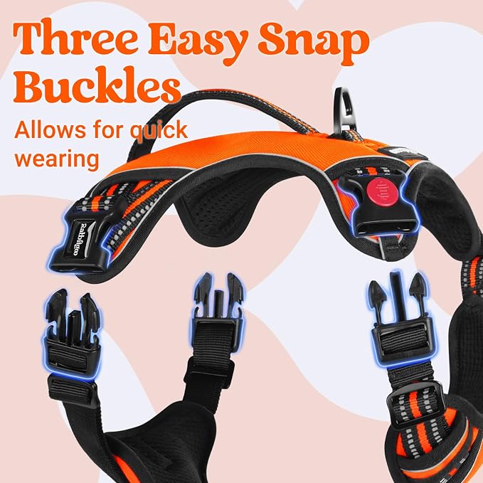 rabbitgoo Large Dog Harness, Easy Wear with 3 Buckles and Lift Handle | No Pull with Front Clip for Walking, Adjustable Soft Padded, Reflective, Easy Control, Orange, Medium - Image 4