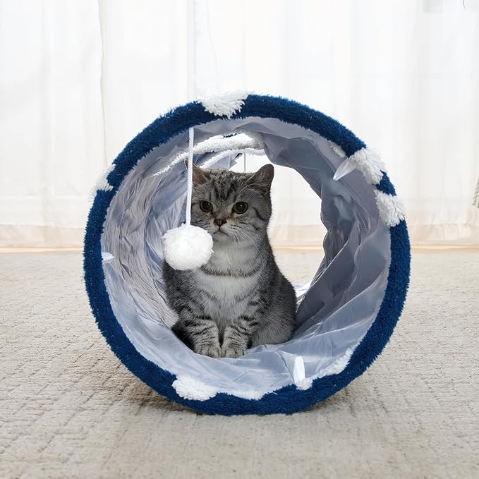 Straight Cat Tunnel for Indoor Cats 47"x12", Blue Paw | Cute Cat Toys, Collapsible Tunnel Tube with Hanging Balls for Puppy Kitten Rabbit - Image 7