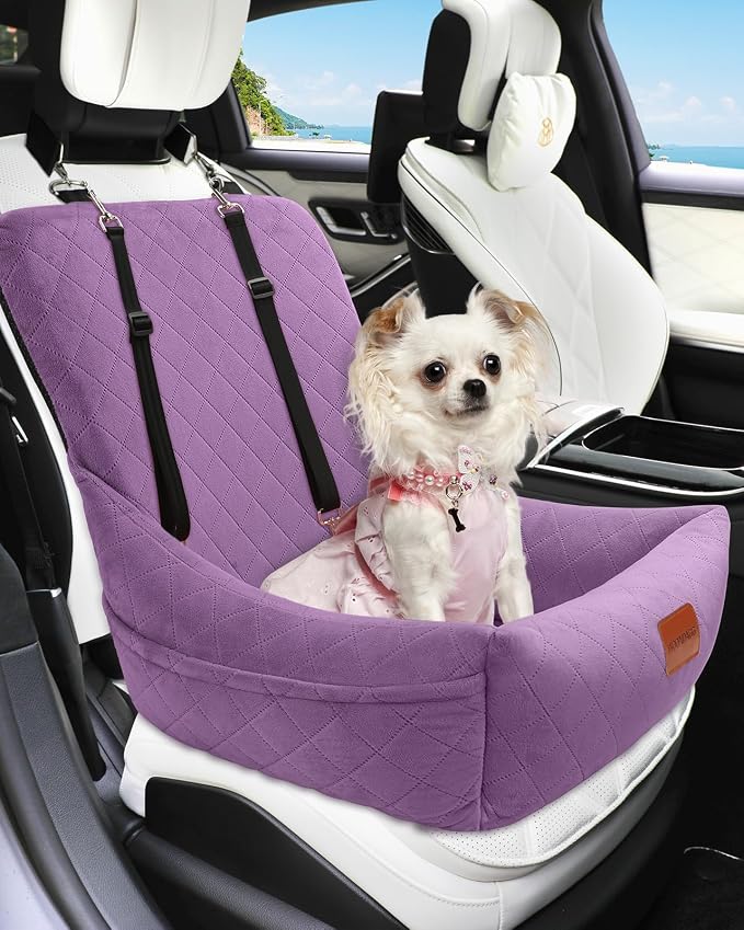 WOOAIDAGG Dog Car Seat for Small Dogs Up to 25lbs,Soft Washable Fabric Fill in Memory Foam,Easy to Assemble with 2 Clip-On Safety Leashes and Storage Pockets,Front or Back Seat are Both OK(Purple) - Image 6