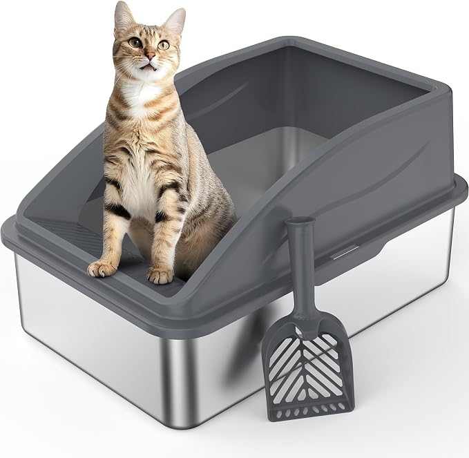 AIPERRO Stainless Steel Litter Box | XL Metal Cat Litter Boxs with Lid | High Sided Litter Box for Big Cats | Anti-Urine Leakage | Non-Stick, Easy to Clean & Odor‑Resistant with Cat Litter Scoop by AIPERRO
