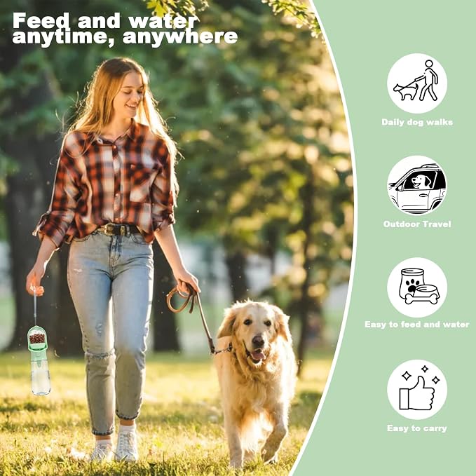 Green Large Portable Dog Water Bottle with Food Container | Travel Dog Water Bowl(500ml),Food Container(180ml),Leak-Proof,2-in-1 Pet Essential Outdoor Supplies for Walks Hikes Campsites - Image 5