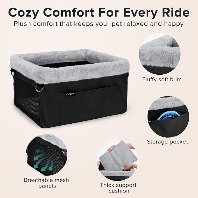 JOEJOY Deluxe Dog Booster Seat with Sturdy Metal Frame and Safety Leash for Small Pets up to 20 lbs - Portable Puppy Dog Car Seat with Thick Cushion and Storage Pockets for Small Dogs, Black - Image 3