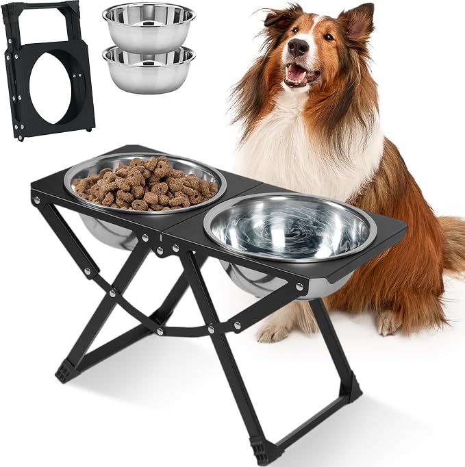 Foldable Elevated Dog Bowl Holder with 2 Large 85oz Stainless Steel Bowls, 12" Tall Raised Dog Bowl Stand for Large Breeds, Indoor and Outdoor Use by FLODOMIXHOME