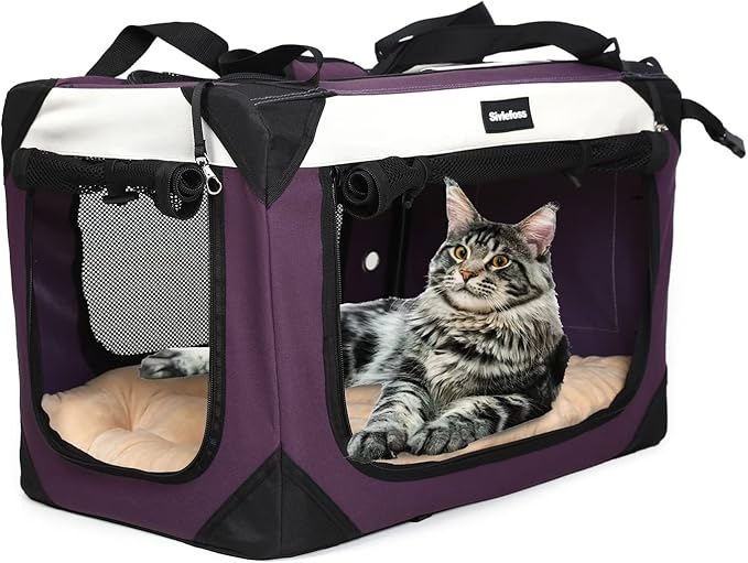Large Cat Carrier, Collapsible Dog Travel Crate Portable Soft-Sided Pet Carrier with Super Soft Warm Plush Mat for Indoor and Outdoor 24x16x16in,Purple by Sivlefoss