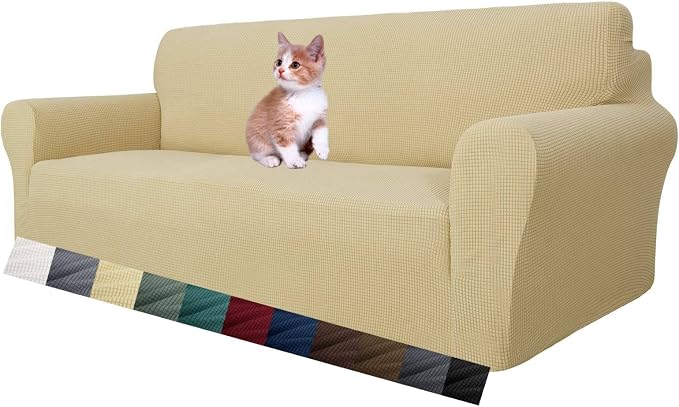 MAXIJIN Super Stretch Couch Cover for 3 Cushion Couch, 1-Piece Universal Sofa Covers Living Room Jacquard Spandex Furniture Protector Dogs Pet Friendly Fitted (Large, Beige) by MAXIJIN
