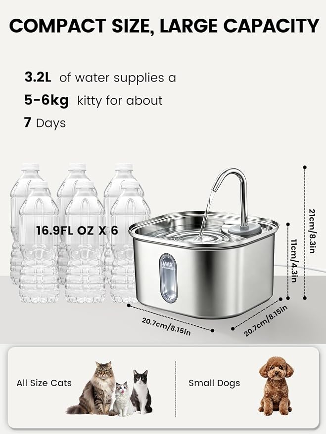 Stainless Steel Cat Water Fountain for Cats Indoor 3.2L 108oz BPA-Free S304 | 20dB Super quiet pump with 1.5m cable, Faucet style, 6-layer effective cat fountain filter, Metal cat Fountain for drinking - Image 4