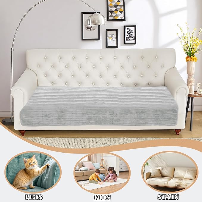 NAISI Couch Covers for Dogs Waterproof Flannel Striped Sofa Cover Pet Friendly Washable Dog Mat for Couch Anti Slip Sectional Sofa Slipcover Protector(1pc/35"x 63",Light Grey) - Image 2