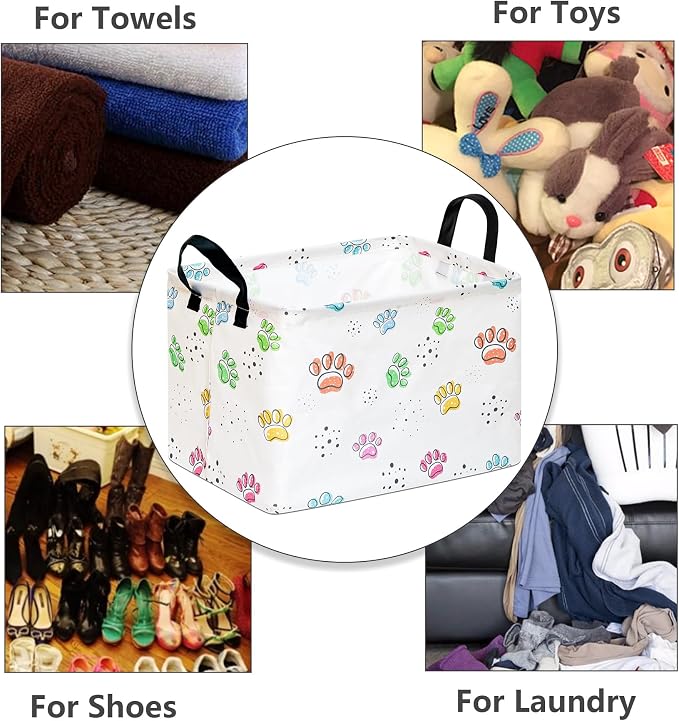 Baby Storage Basket,Colorful Dog Paw Print,Waterproof Lining, Leather Handles, Collapsible for Kids Toys, Pets Supplies, Gift Basket - Image 6