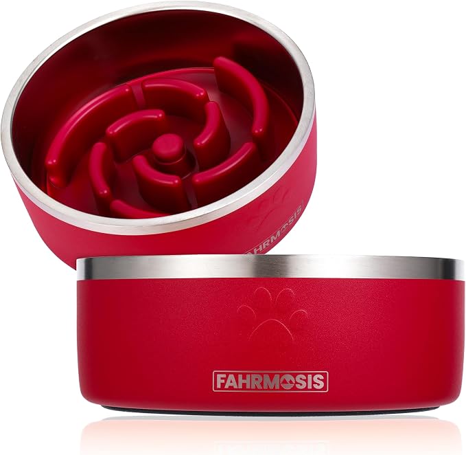 FAHRMOSIS 32 Oz Dog Bowl with Slow Feeder Insert Stainless Steel Pet Water Bowl for Medium & Large Breed Non Slip Rubber Base & Plastic Puzzle Feeder - Red by Fahrmosis