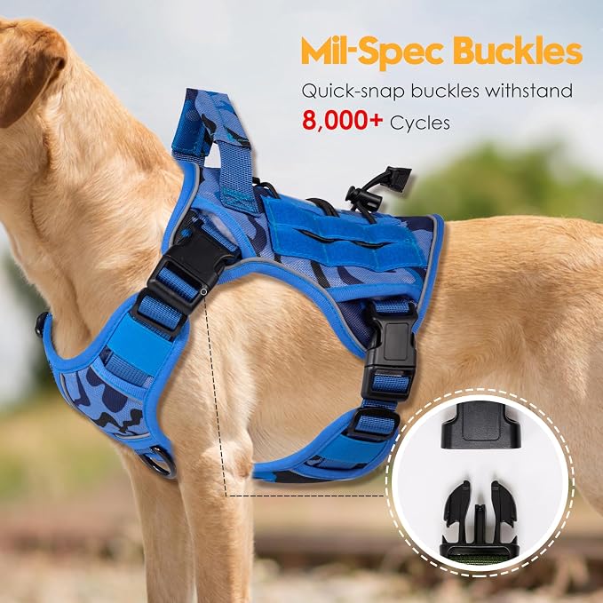 Heavy-Duty Tactical Dog Harness for Large Dogs, No Pull Adjustable Reflective Pet Vest with Molle System, K9 Military-Grade Control for Service Training, Outdoor & 10+ Breeds, Blue Camo, Medium - Image 3