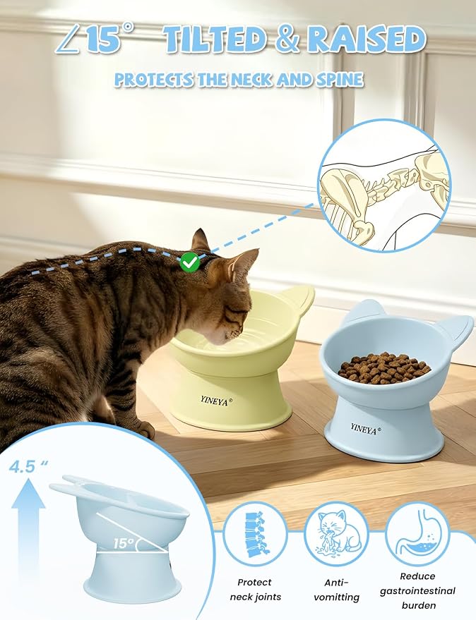 YINEYA Elevated Cat Bowls 2 Pcs, Cat Food Bowl to Protect Neck & Anti-Vomit, Whisker-Friendly Raised Food and Water Bowls Set for Indoor Cats/Small Dogs, Cute Pet Feeding Bowl 6 OZ Each, Yellow & Blue - Image 2