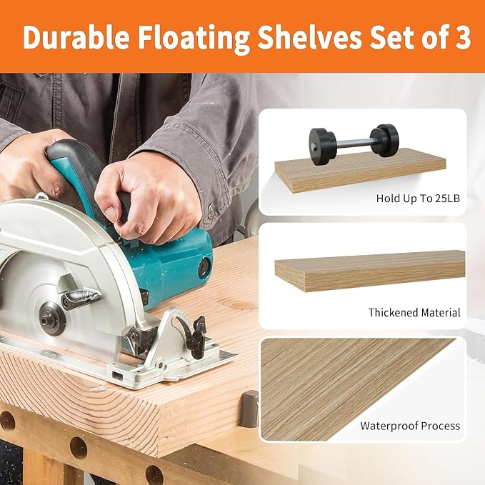 Floating Shelves for Wall Set of 3, 16 Inch Light Brown Shelves Bedroom | Light Brown Engineered Wood, Hidden Metal Brackets, Space-saving, Bedroom Kitchen Bathroom Decor - Image 5