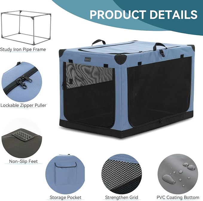 PETSFIT 26" Soft Portable Dog Crate – Patented Spiral Sturdy Frame, Collapsible Travel Kennel for Small Dogs, 3 Mesh Door, Lockable Zippers, Indoor & Car Use Blue - Image 5