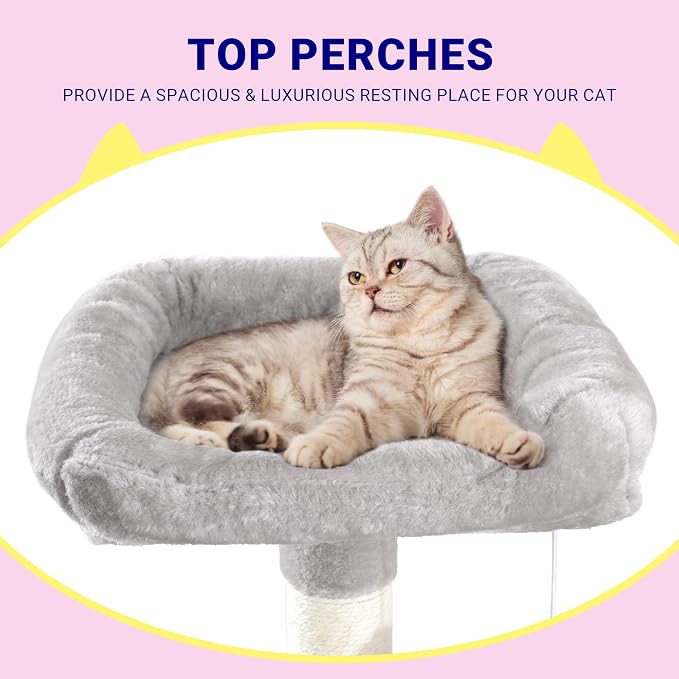 Allewie 73in Fan-Shaped Space-Saving Corner Cat Tower/Multi-Level Tall Cat Tree for Indoor Kitties/Cozy Baskets/Condos/House/Perches/Sisal Scratching Posts/Pet Activity Center/Grey - Image 4