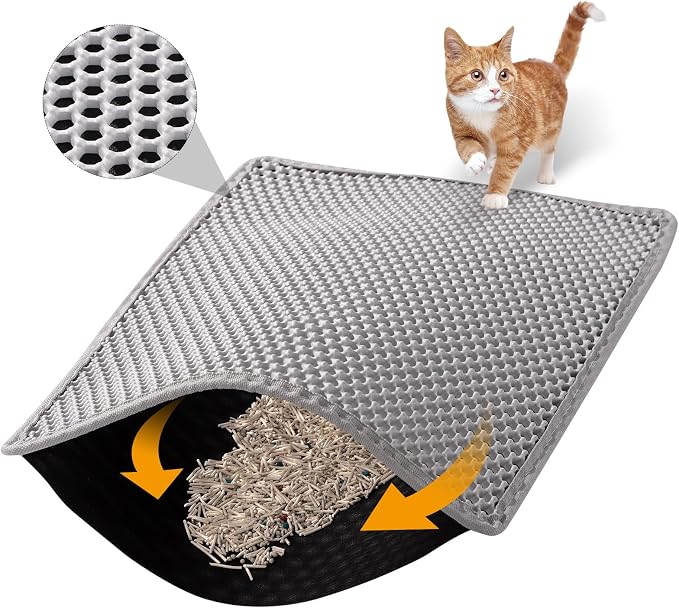 ondware Cat Litter Mat 30 x 24 in, Double Layer, Waterproof, Gray | Honeycomb EVA mat, traps litter, urine-proof non-slip backing, soft on paws, easy shake-off or rinse clean by ondware