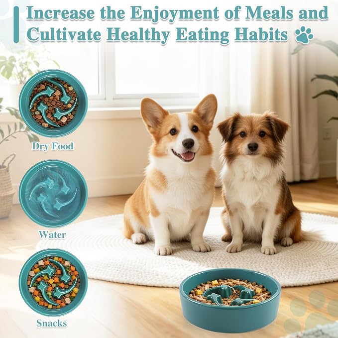 Ceramic Slow Feeder Dog Bowls,0.6 Cups Dog Food Dish for Small Medium Dogs | 6.3 inch Puzzle Dog Food Bowl for Fast Eater, 15OZ, (Dark Green) - Image 7
