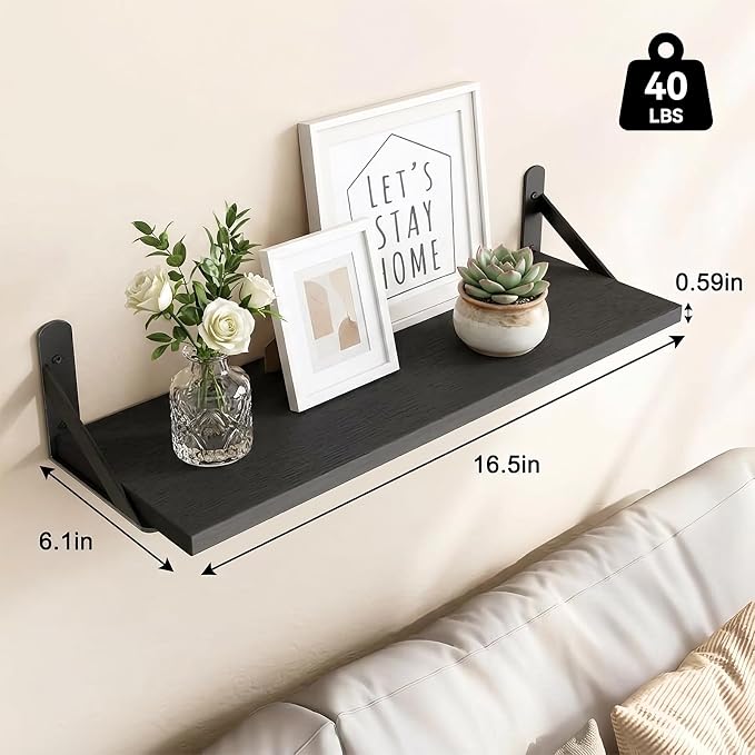 Fixwal Wall Floating Shelves for Home Decor (Black, Set of 5, 16.5 Inch) | Wood Shelves, Natural Grain, 40Lb Capacity, Sturdy Triangle Brackets, Versatile for Any Room - Image 3