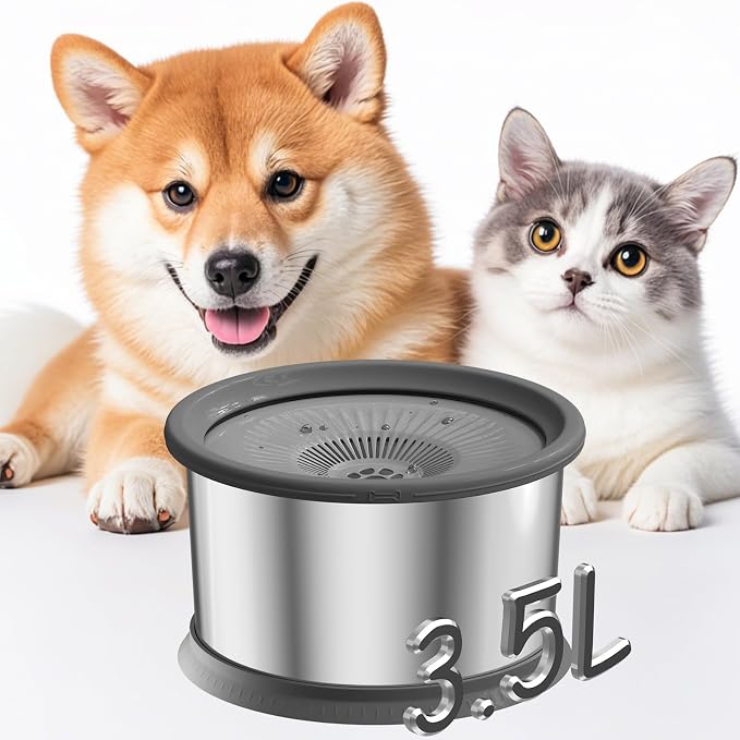 3.5L Dog Water Bowl No Spill 118oz Stainless Steel Water Bowl for Dogs No Splash Slow Water Feeder with Anti-Slip Mat for Messy Drinkers 3.5L+2 Filters by Xetino
