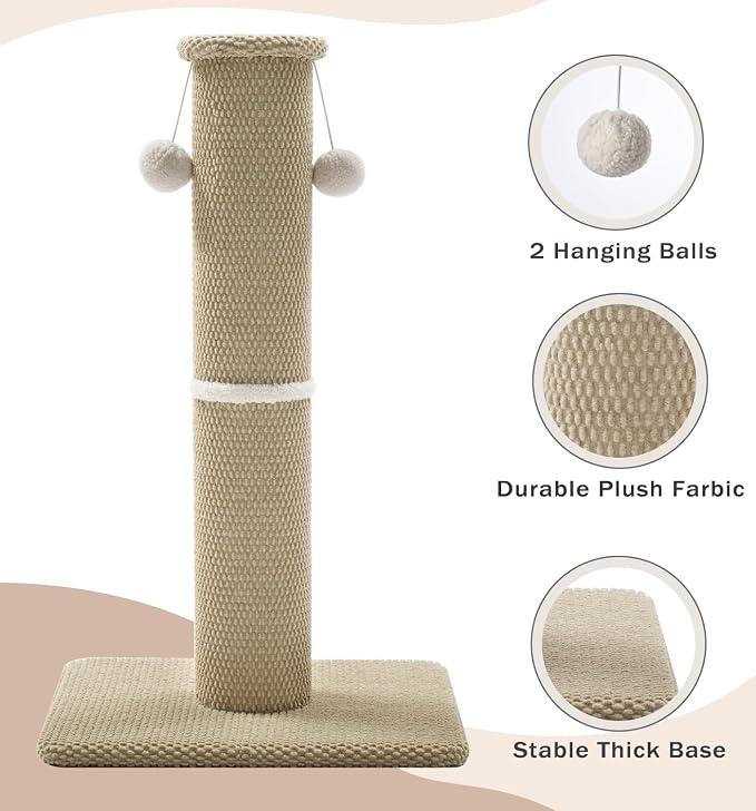 Made4Pets Cat Scratching Post, Carpet Cat Scratcher for Indoor Cats, 23.6" | Compact Base, Hanging Balls for Play, Easy Assembly with Tools, Vertical Scratching for Kittens and Smaller Cats, Beige - Image 3
