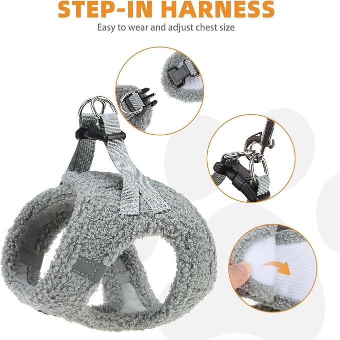 KOOLTAIL Plush Small Dog Harness and Leash Set, Warm Fleece No Pull Puppy Vest for Winter, Lightweight Reflective Step in Pet Harness for Medium Sized Dogs Boy Girl Outdoor Walking Cute Soft, Gray S - Image 3