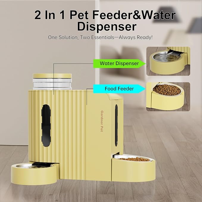 Gardner Pet Gravity Automatic 2-in-1 Pet Feeder, 0.8 Gallons*2 Cat Feeder and Water Dispenser Set, 100% BPA-Free and Stainless Steel Water Bowl for Dogs, Cats, Rabbits, Puppies (Yellow) - Image 2