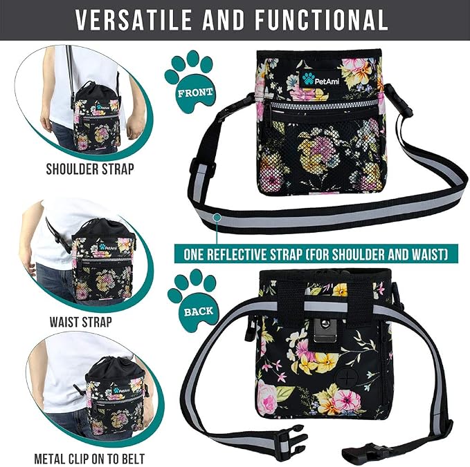 PetAmi Dog Treat Pouch, Pet Treat Pouch for Training, Dog Walking Bag Holder for Kibbles, Pet Food Toy, Dog Trainer Essentials Supplies, Poop Bag Dispenser, 3 Ways to Wear (Floral Black) - Image 4