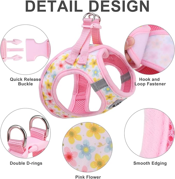 Small Dog Harness and Leash Set - Cute Puppy Harness Leash Dog Collar with AirTag Holder Silicone Case, Soft Padded Step in Pet Vest Reflective for Outdoor Walking, Floral M - Image 2