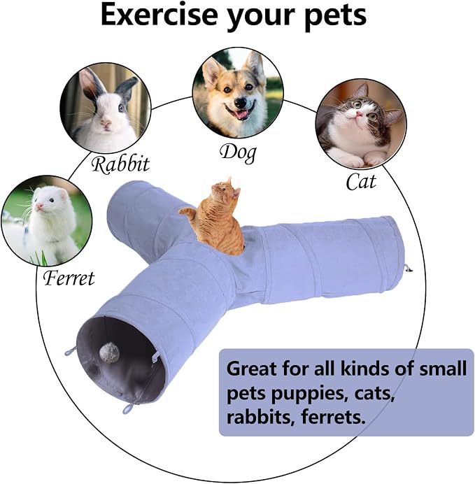 3 Way Collapsible Cat Play Tube Toys with Plush Ball, Indoor Play Tunnel for Puppy, Kitty, Kitten, Rabbit - Image 5