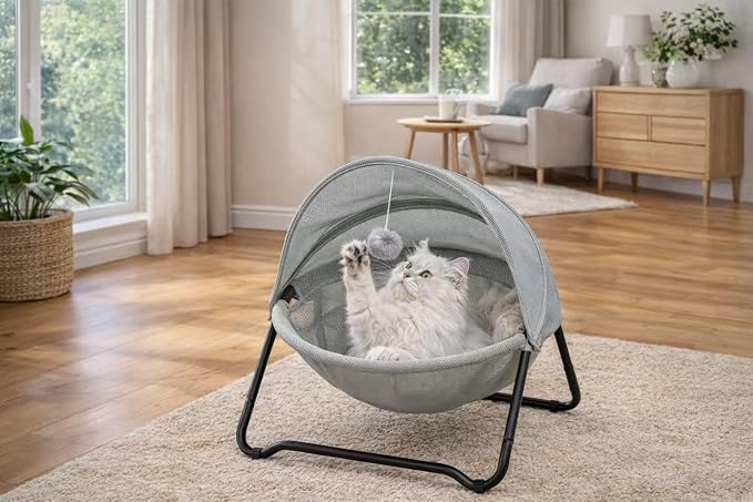 Cat Hammock Bed Elevated cat Bed, Comfortable and Breathable Pet Bed with Awning and Plush Toy, No-Tools Assemble, Cover Removable and Washable, Suitable for Indoor and Outdoor Use - Image 2