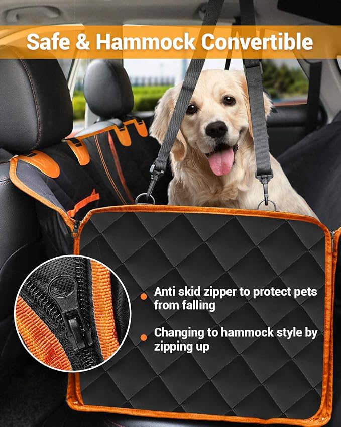 Dog Car Seat Cover, 600D Heavy Dute Car Seat Cover for Dogs Pets, 100% Waterproof Anti-Scratch Nonslip Dog Hammock for Cars, Seat Covers Protector with SeatBelt for Sedan SUV Truck Standard Oran&Black - Image 5