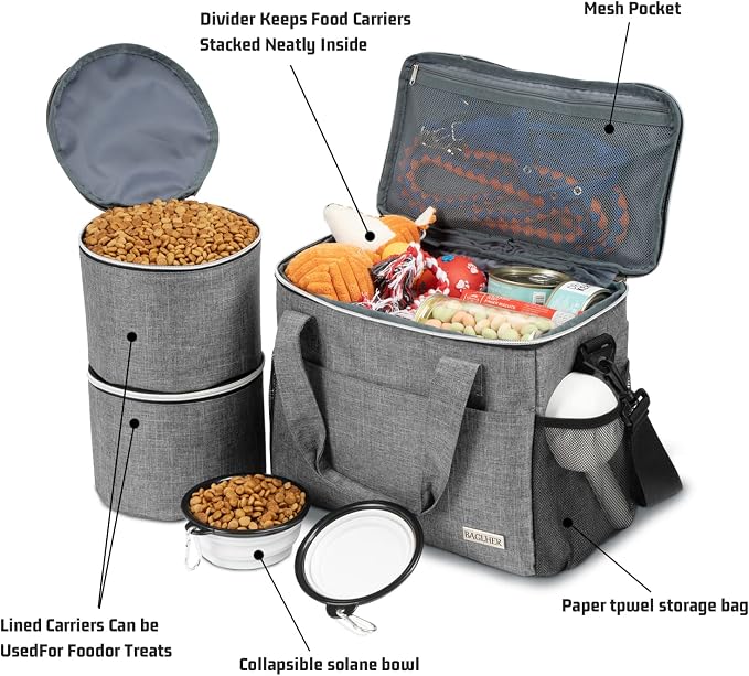 BAGLHER Dog Travel Bag Backpack Pet Supplies Backpack Pet Accessories Storage Bag 5-Piece Set With Shoulder Strap 2 Lined Pet Food Containers 4 Foldable Feeding Bowls Essential Kit for Pet travel - Image 7