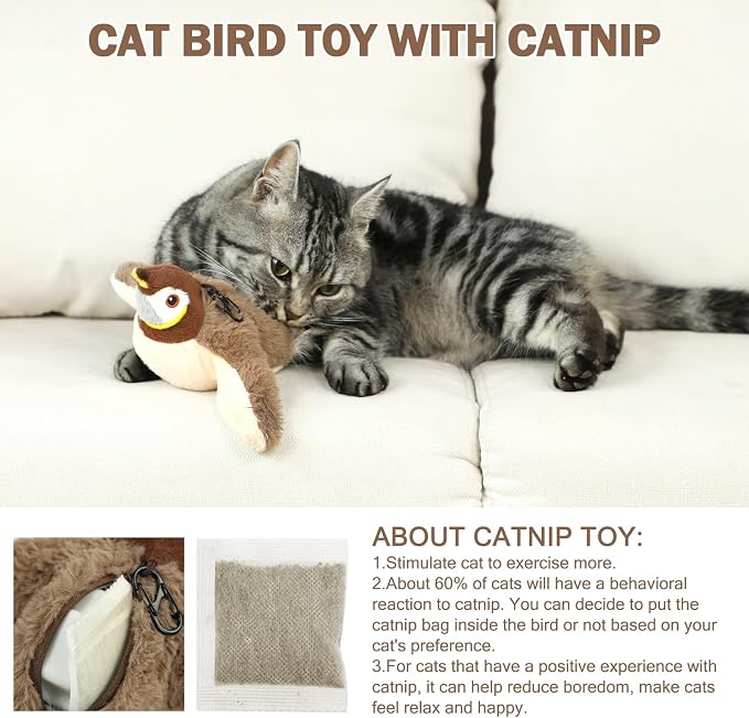 Tocirelo Cat Toy Flapping Bird (No Flying), Simulate Chirping Flappy Bird | Interactive Cat Toys for Bored Indoor Adult Cats, Rechargeable Realistic Catnip Kicker Toy with Flapping Wings for Kitten - Image 4