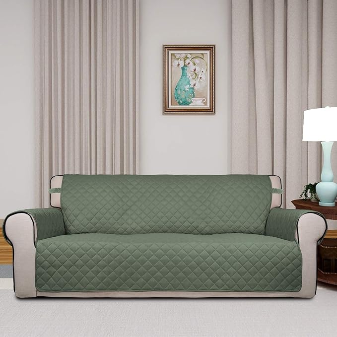 PureFit Reversible Quilted Couch Covers for Dogs Oversized Sofa Cover 78” | Greyish Green/Beige, Water Resistant Couch Protector, Washable Pet Couch Cover with Non Slip and Elastic Straps For Kids - Image 2