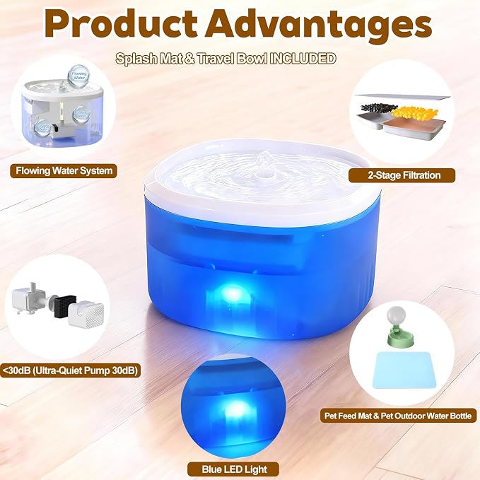 Cat Water Fountain,2.2L/74oz Cat Fountain – Ultra Quiet Upgraded Automatic Pet Water Fountain with 3 Replaceable Filters,12oz Pet Outdoor Water Bottle&Cat Drinking Fountain for Small Dogs (Blue) - Image 5
