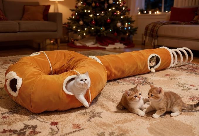 Ownpets 2-in-1 Cat Tunnel Large Lollipop Collapsible Cave Plush 12"D Orange | Foldable Tunnel Bed, Fluffy Ball, Multi-Exit Maze, For Cats Kittens Puppies Rabbits, Soft Plush, Easy Store, Cozy Hiding Spot - Image 2