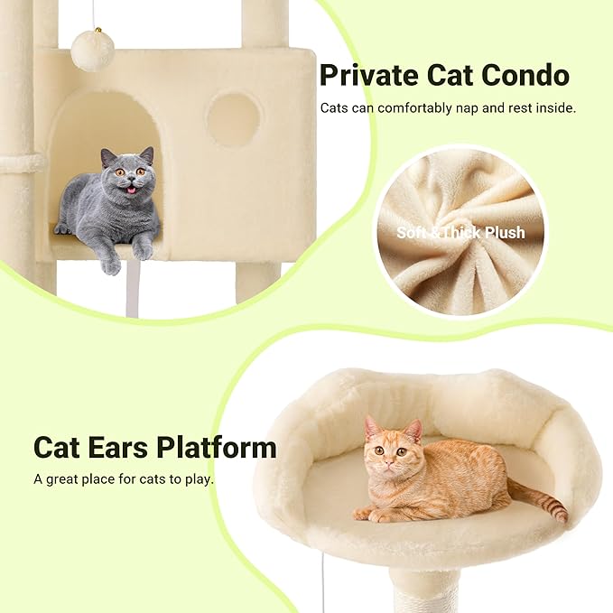 Allewie 64 Inches Multi-Level Cat Tree Tower for Indoor Cats, Beige | Activity Center for Big Felines, 2 Plush Condos, 2 Perches, Cozy Basket, House, Sisal Scratching Posts, Hanging Cat Toys - Image 6