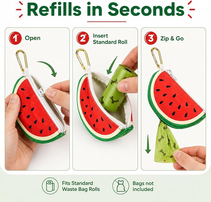 Watermelon Shaped Dog Poop Bag Holder Leash Attachment | Zipper Poop Bag Holder Dispenser & Trash Bag Carrier for Dog Walking, Cute Leash Attachable Dog Poop Bag Holder - Image 3