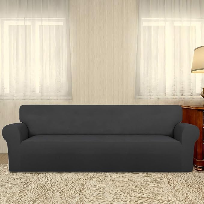 PureFit Stretch Couch Covers for Sofa 4 Seater Slipcovers Dark Gray | 1-Piece Sofa Cover Washable Soft Couch protector, Couch Slipcover with Non Skid Foam and Elastic Bottom for Kids, Dogs - Image 2