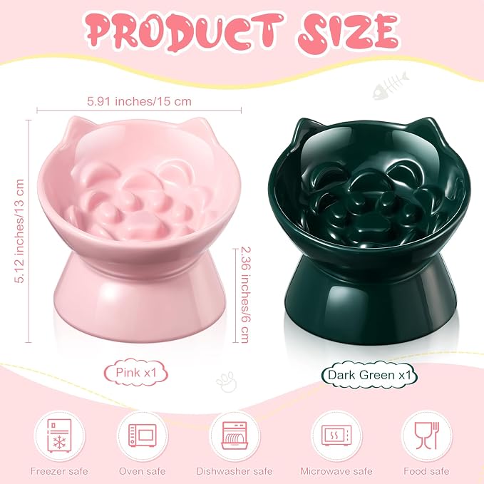 Funnymoom 2 Pcs Ceramic Raised Slow Feeder Cat Bowl, 5.91inch Elevated Cat Slow Feeder Bowl Tilted Anti Vomiting for Dry Wet Food and Water Easy to Clean High Edge(Dark Green, Pink) - Image 2