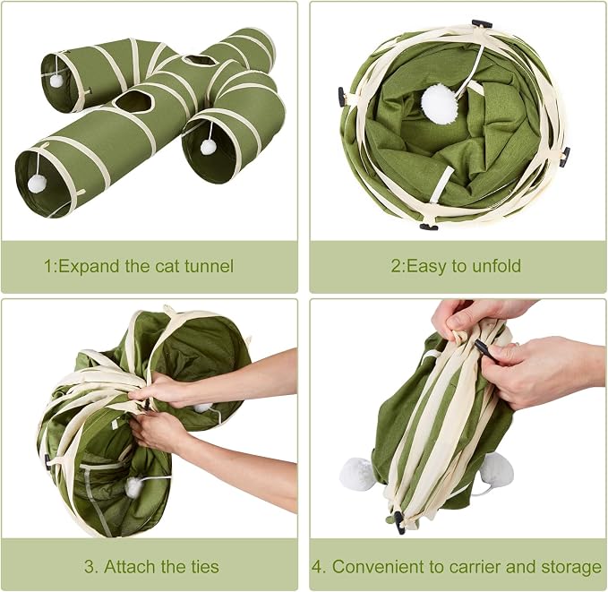 Ownpets Cactus Cat Tunnel 12" with Peek Holes for Indoor Large Cat, Green | Durable Oxford fabric, noise-free, foldable & connectable, multi-cat friendly, tube for cats up to 20lb, includes ball & wand - Image 8