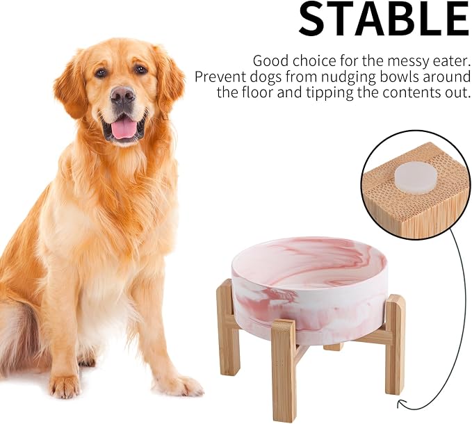 Raised/Elevated Ceramic Dog Bowl for Small Medium Sized Breeds,Dog Food Water Bowl with Stand,6 in Non Slip Heavy Pet Feeding Dish 3.6 Cups/ 850 ml /28 OZ Marble Pink - Image 3